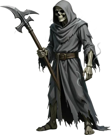 Death, hooded, with a scythe, looming behind them.