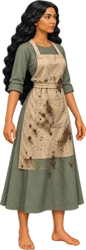 A woman with long curly black hair, in a green work dress and a gardener’s apron.