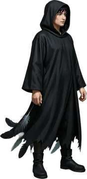 A slim figure in a black hooded cloak that frays into feathers.