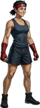 A young acrobat in a red headband and red fingerless gloves.