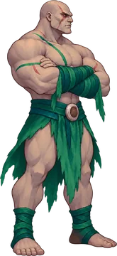 A bald, scarred giant with his arms crossed, in green wraps.