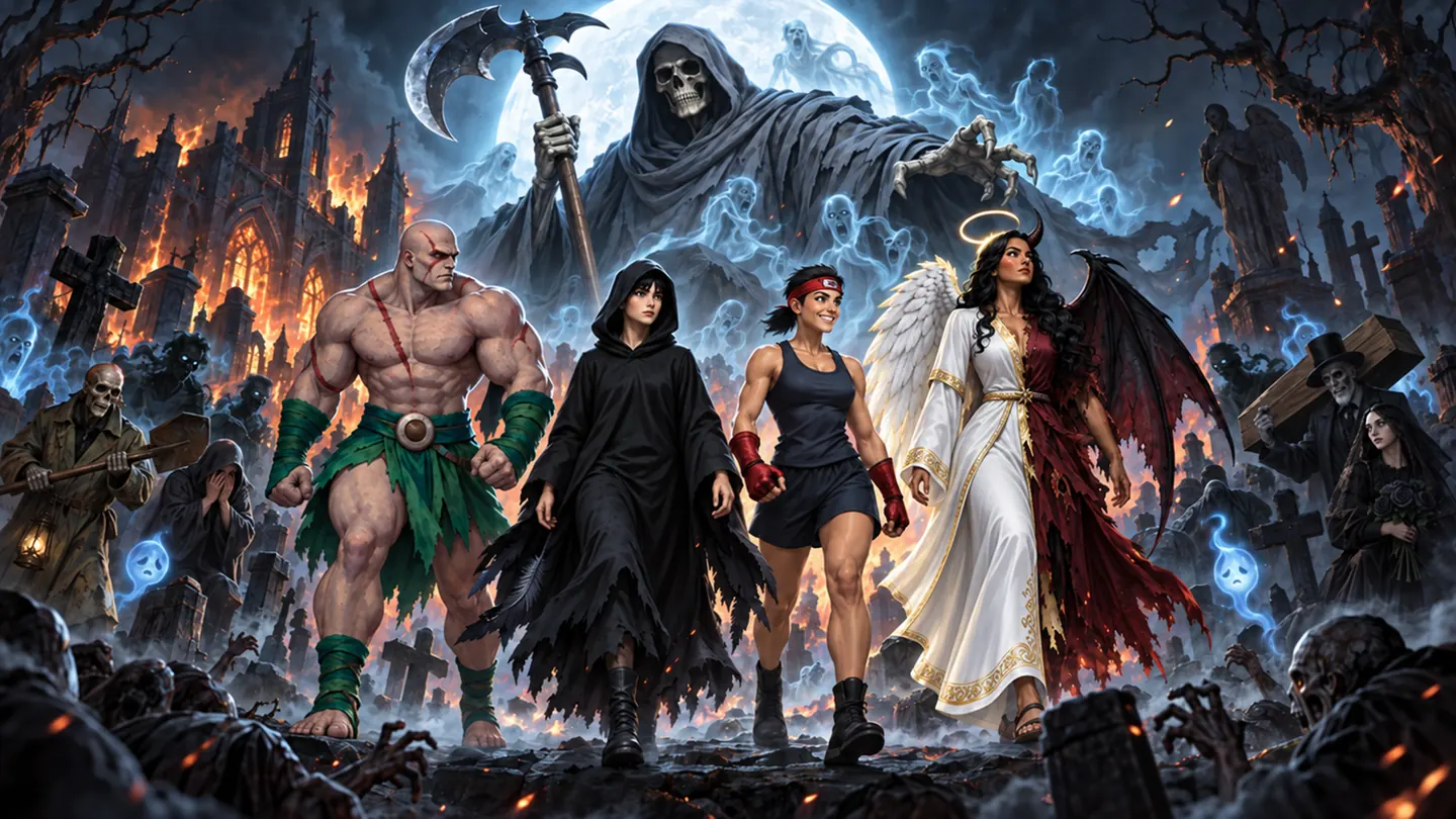 Cardage key art: four heroes walk through a burning graveyard while Death looms above them.