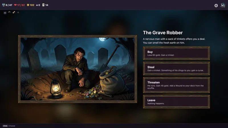 A grave robber crouches over a sack of trinkets by lantern light.