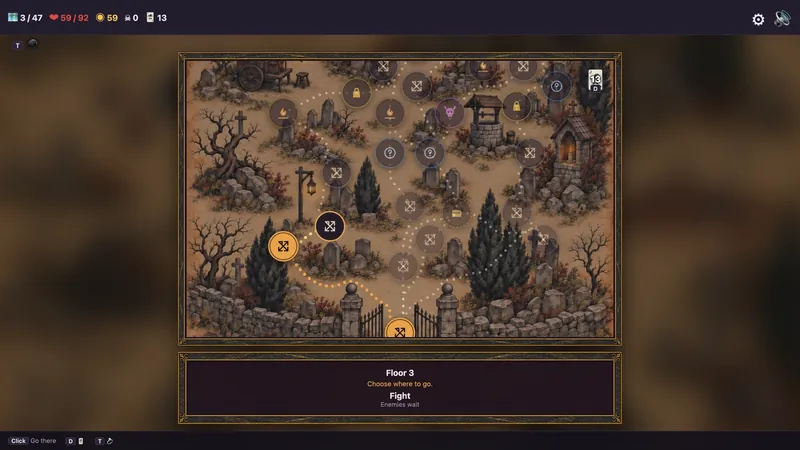 The map of the graveyard on parchment, a road of rooms to choose between.