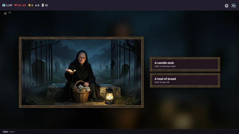An old woman on a milestone at the graveyard gate holds out a gift from her basket.