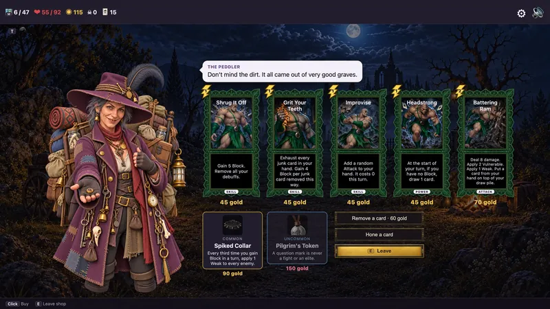 A peddler in a feathered hat offers five cards and two trinkets for gold.