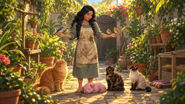 A woman in a sunlit garden holds out her hands to songbirds, with three cats and a pink pig at her feet.
