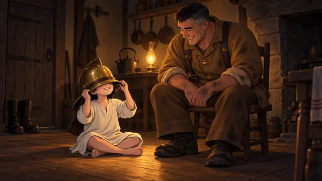 A small child in a nightshirt laughs under a brass fireman’s helmet while a big man smiles from his chair.